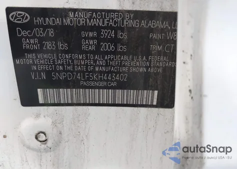 2019 Hyundai Elantra Se from USA, damaged, VIN 5NPD74LF5KH443402